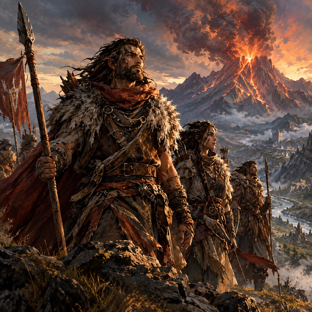 Ashcliffe wanderers in furs and red cloaks, with spears and bows, stand on a ridge as Mount Ishiraki erupts behind them.
