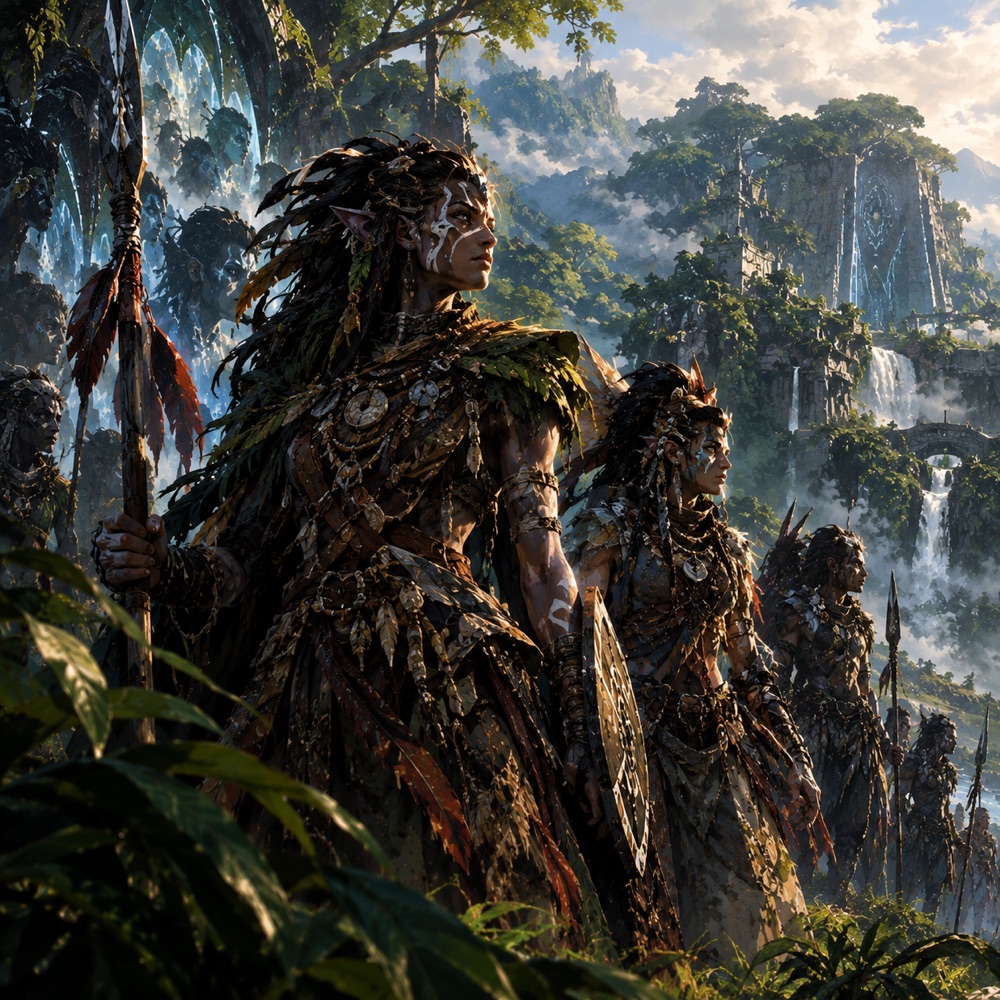 Echolalian warriors in feathers and white face paint, with spears and round shields, stand in the jungle before waterfalls and overgrown ruins.
